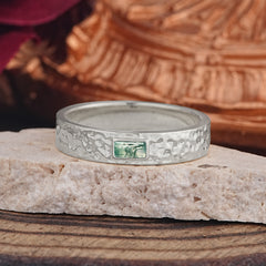 Vintage Emerald Cut Moss Agate Mens Engagement Rings