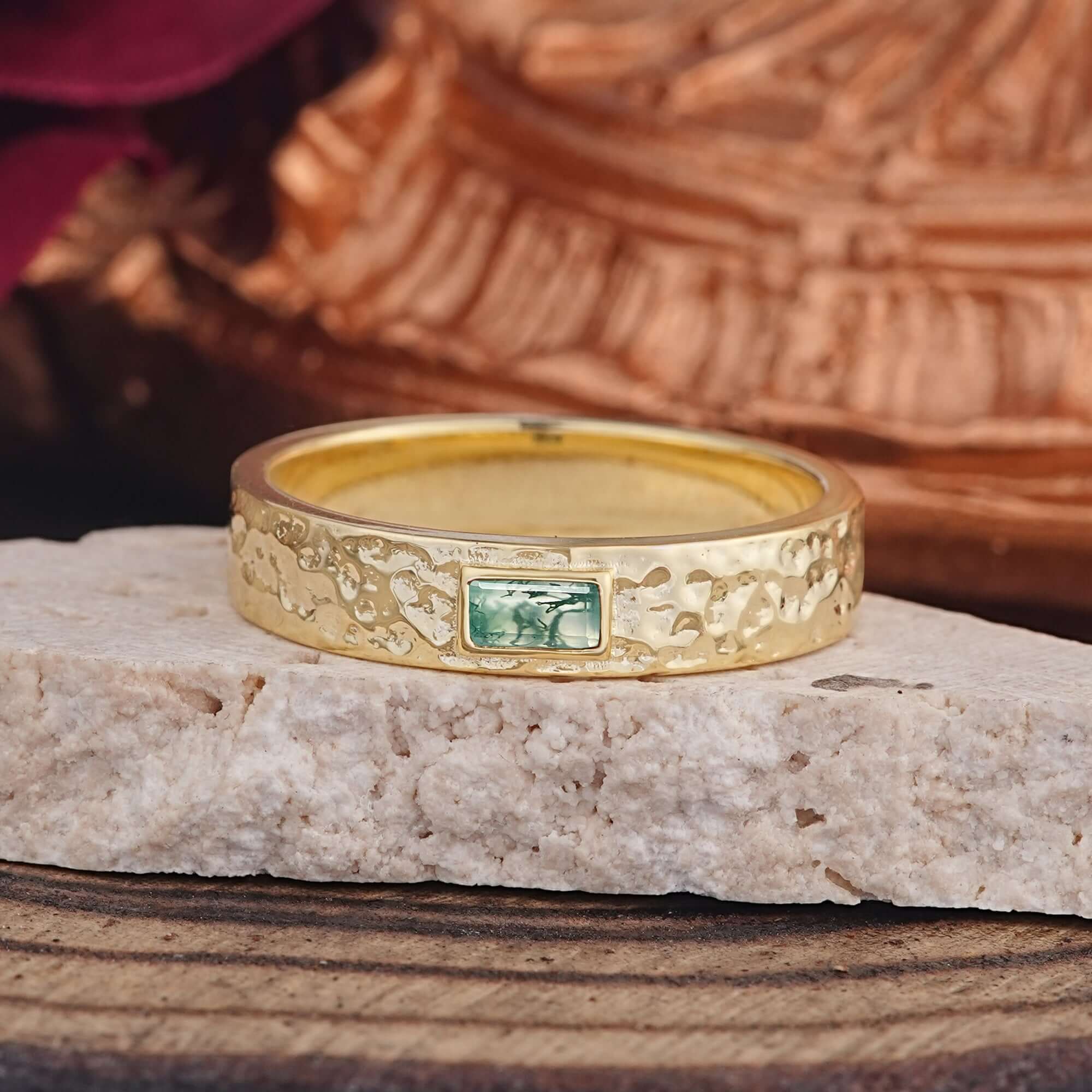 Vintage Emerald Cut Moss Agate Mens Engagement Rings - Romalar Jewelry