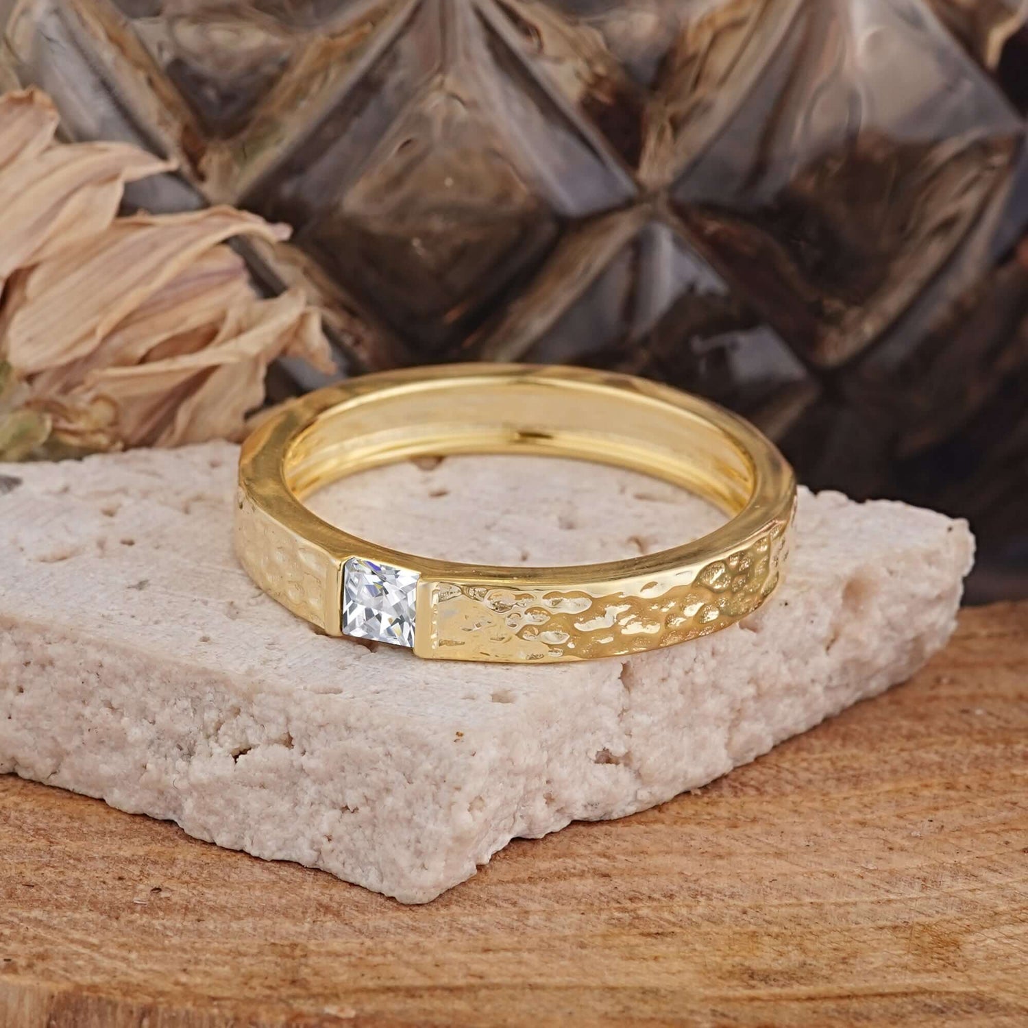 Hammered Texture Princess Cut Moissanite Mens Promise Rings