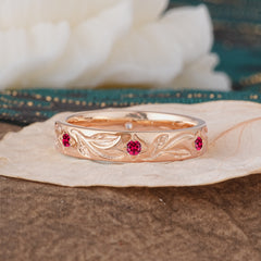 Round Cut Vine Engraved Design Men's Ruby Promise Ring