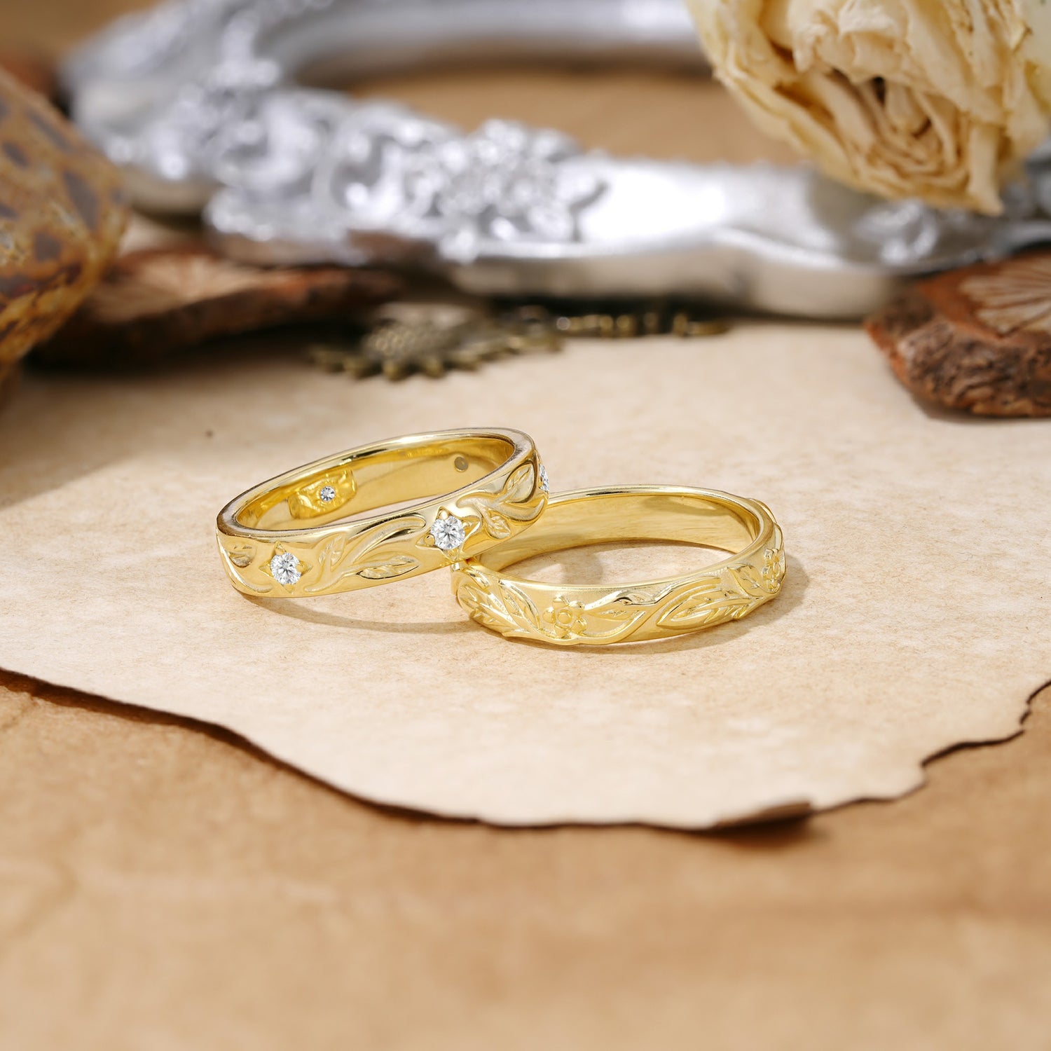 Nature-Inspired Round Cut Moissanite Gold Ring Set for Couples