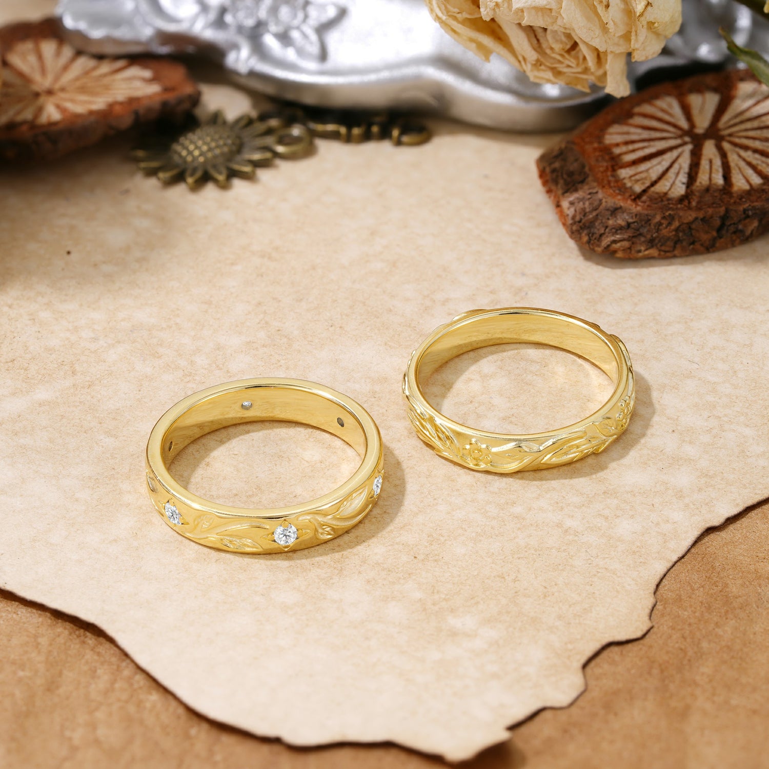Nature-Inspired Round Cut Moissanite Gold Ring Set for Couples