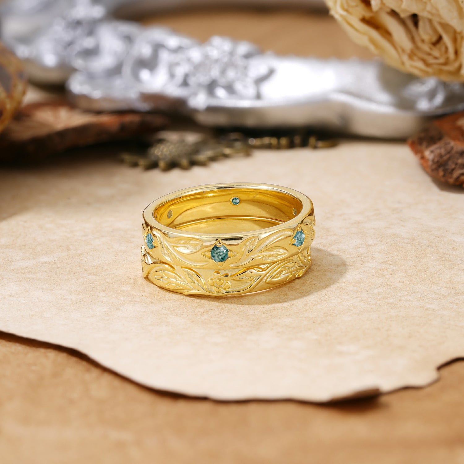 Nature-Inspired Round Cut Moss Agate  for Couple Rings