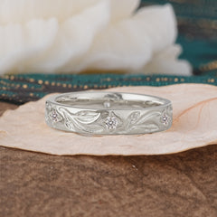 Round Cut Vine Engraved Design Men's Moissanite Promise Ring