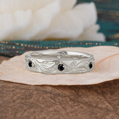 Round Cut Vine Engraved Design Men's Black Onyx Promise Ring