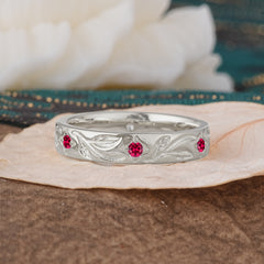 Round Cut Vine Engraved Design Men's Ruby Promise Ring