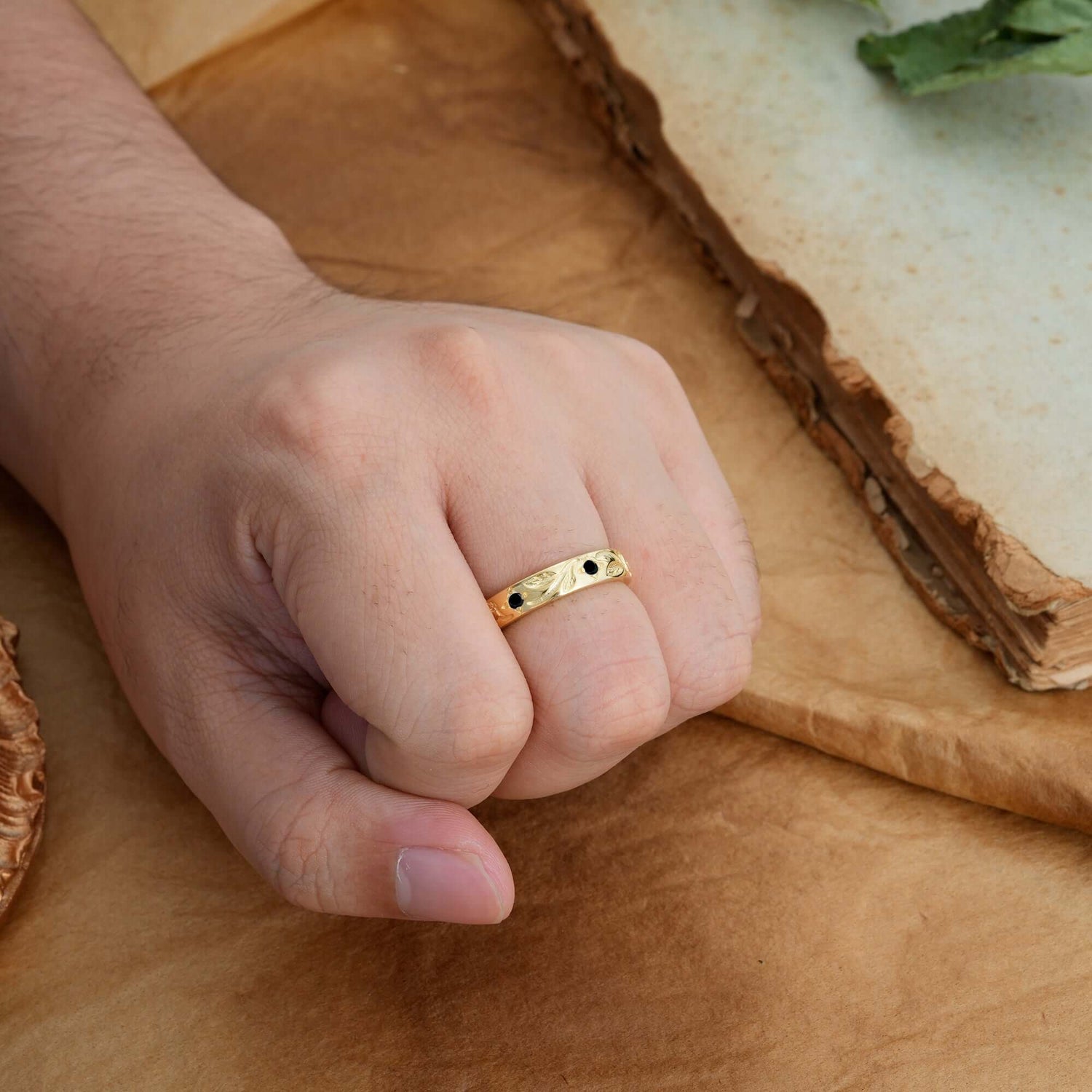 Round Cut Vine Engraved Design Men's Black Onyx Promise Ring