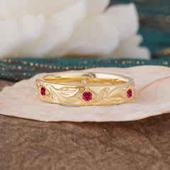 Round Cut Vine Engraved Design Men's Ruby Promise Ring