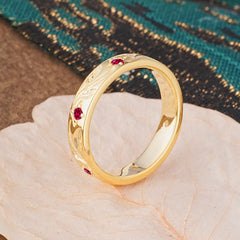 Round Cut Vine Engraved Design Men's Ruby Promise Ring
