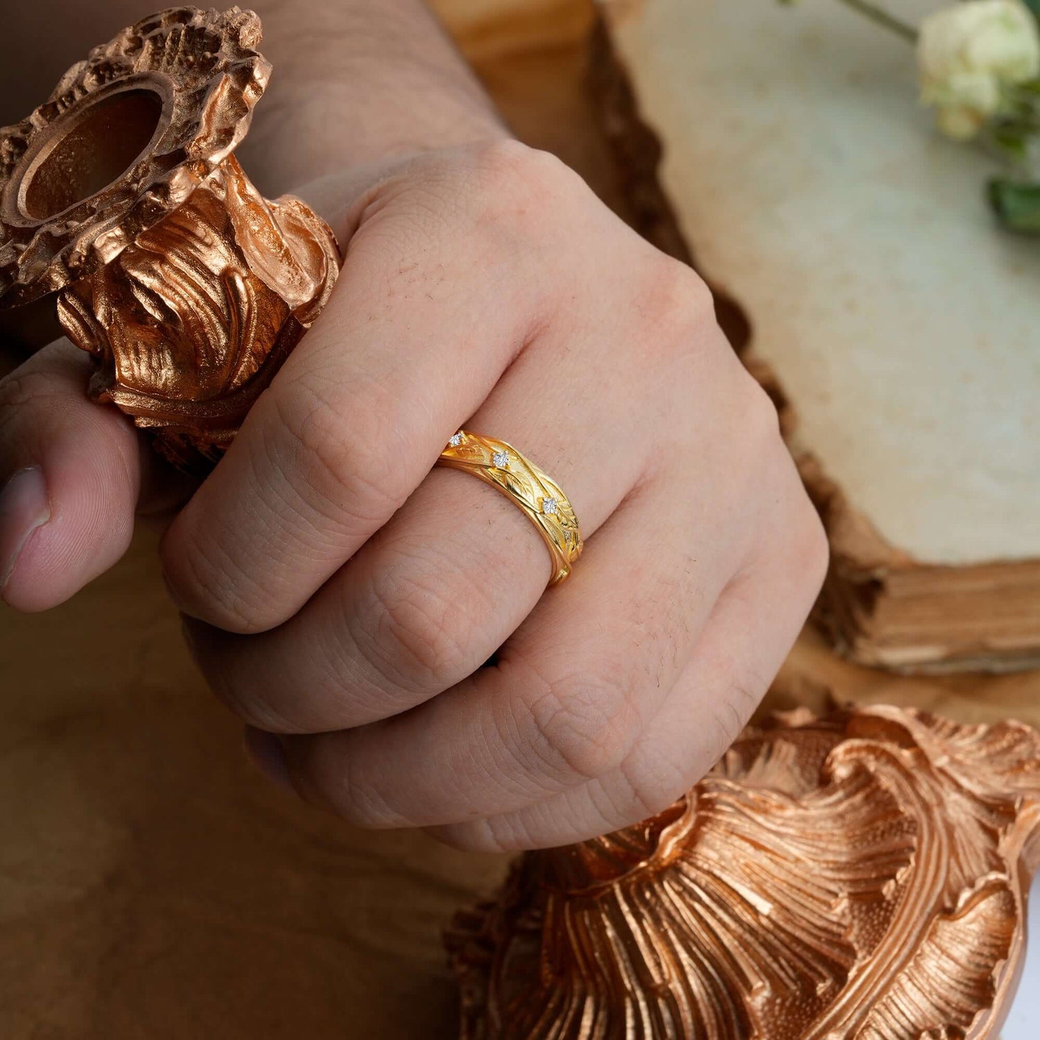 Antique Round Cut Leaf Engraved Design Men's Lab Diamond Ring