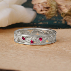 Vintage Leaf Engraved Nature Inspired Men’s Ruby Ring
