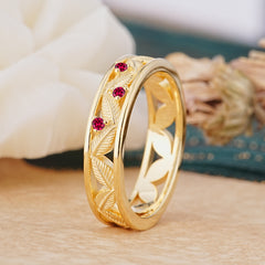 Vintage Leaf Engraved Nature Inspired Men’s Ruby Ring