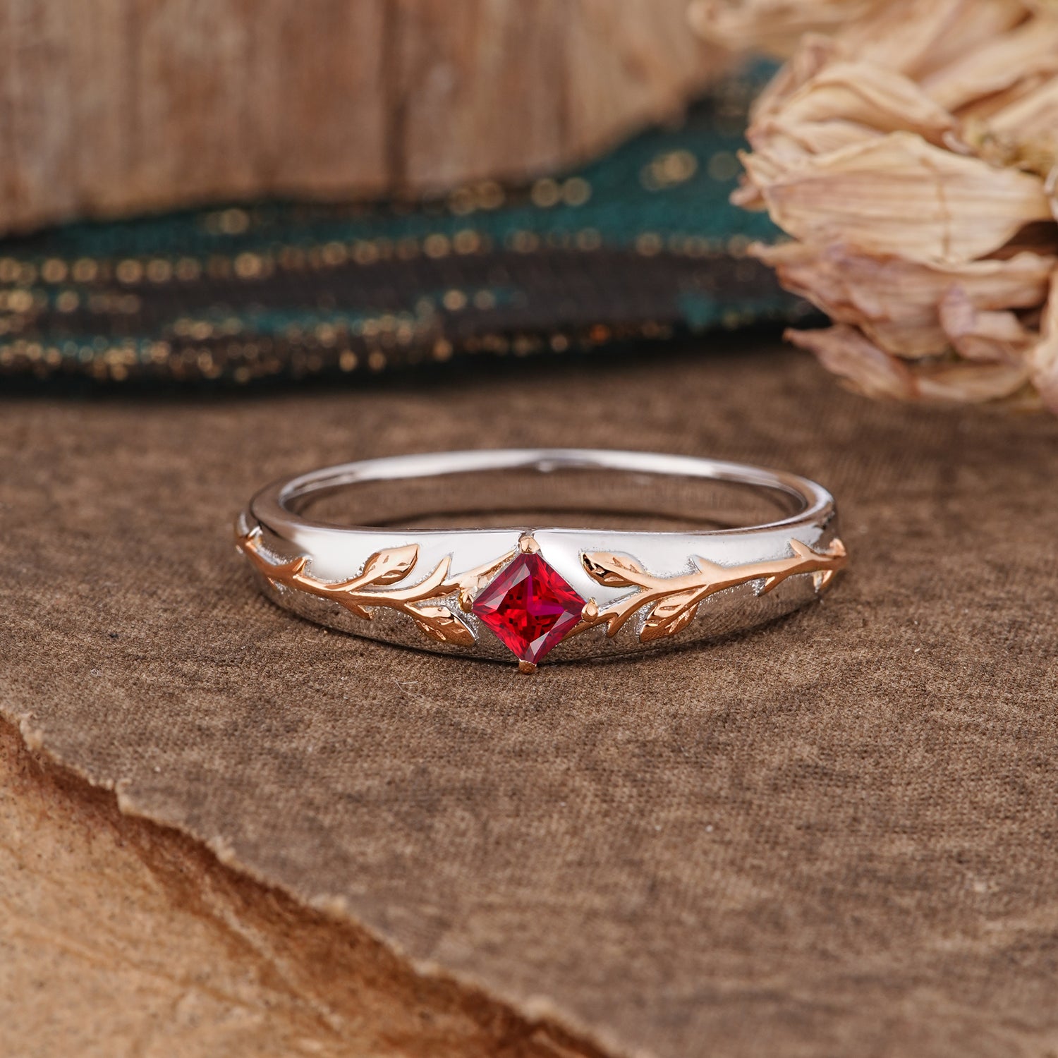 Unique 4 Prong Men's Ruby Wedding Band with Vine Design