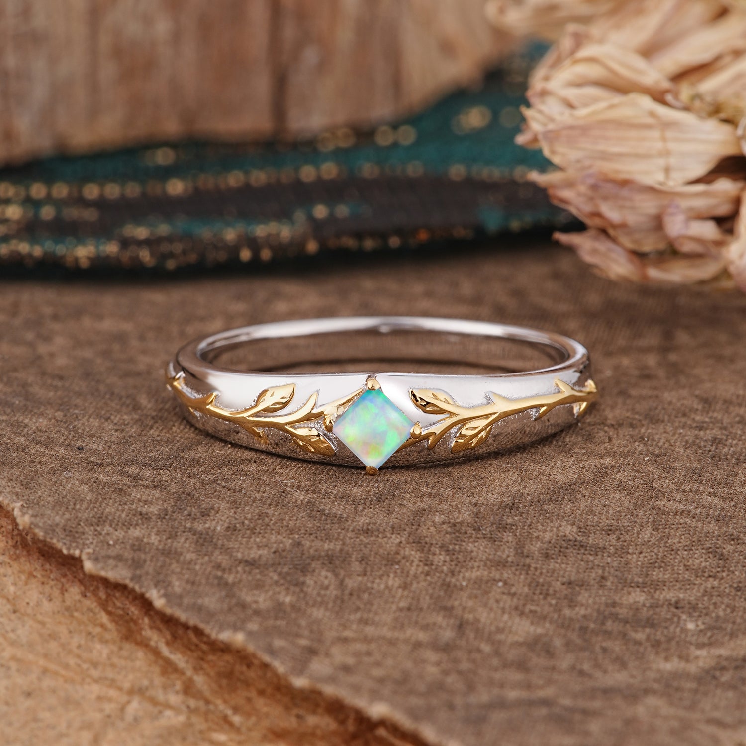Unique 4 Prong Men's Opal Wedding Ring with Vine Design
