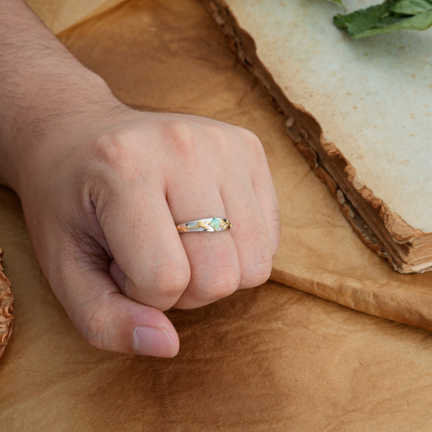 Unique 4 Prong Men's Opal Wedding Ring with Vine Design