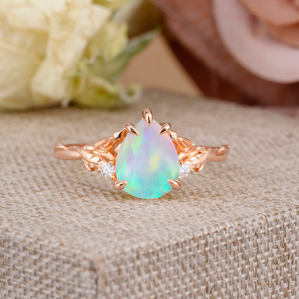 Elegant & Luxurious 5 prong Pear-Cut Fire Opal Engagement Ring - Additional view