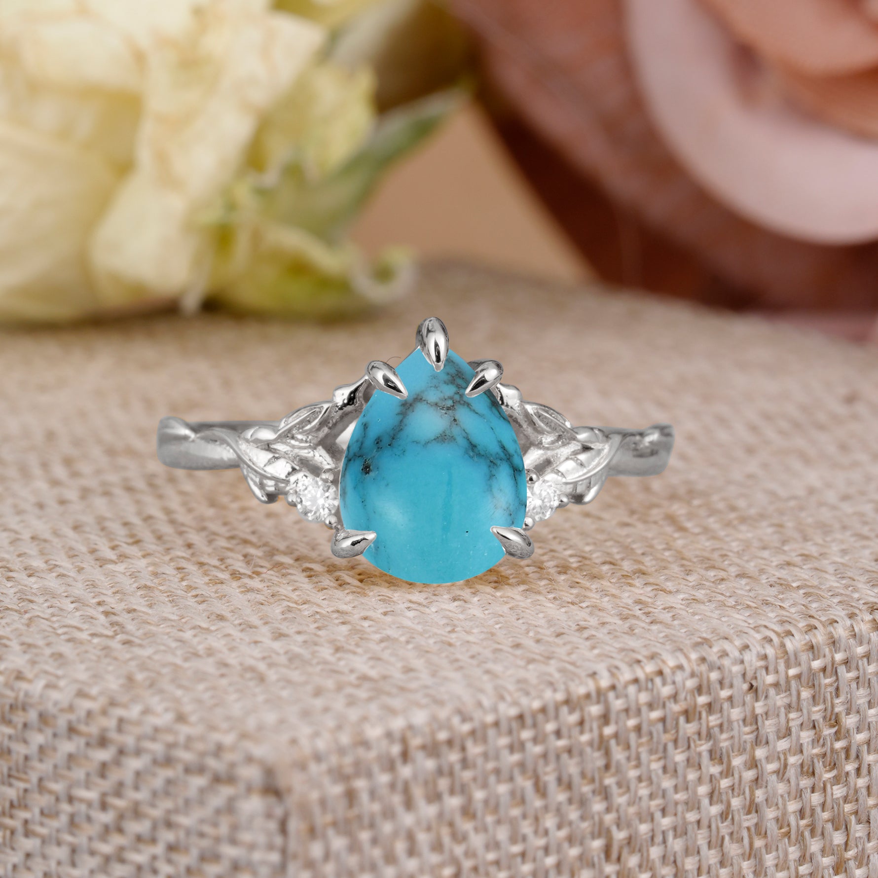 Elegant & Luxurious 5 prong Pear-Cut Turquoise Engagement Ring - Additional view
