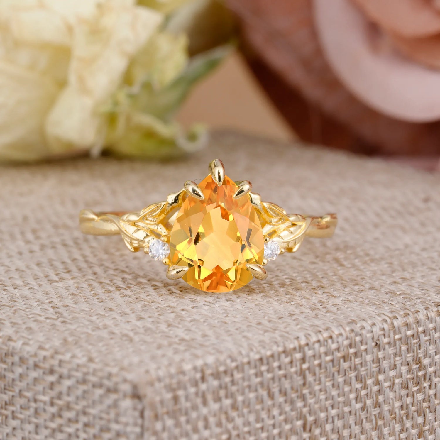 Elegant & Luxurious 5 prong Pear-Cut Natural Citrine Engagement Ring