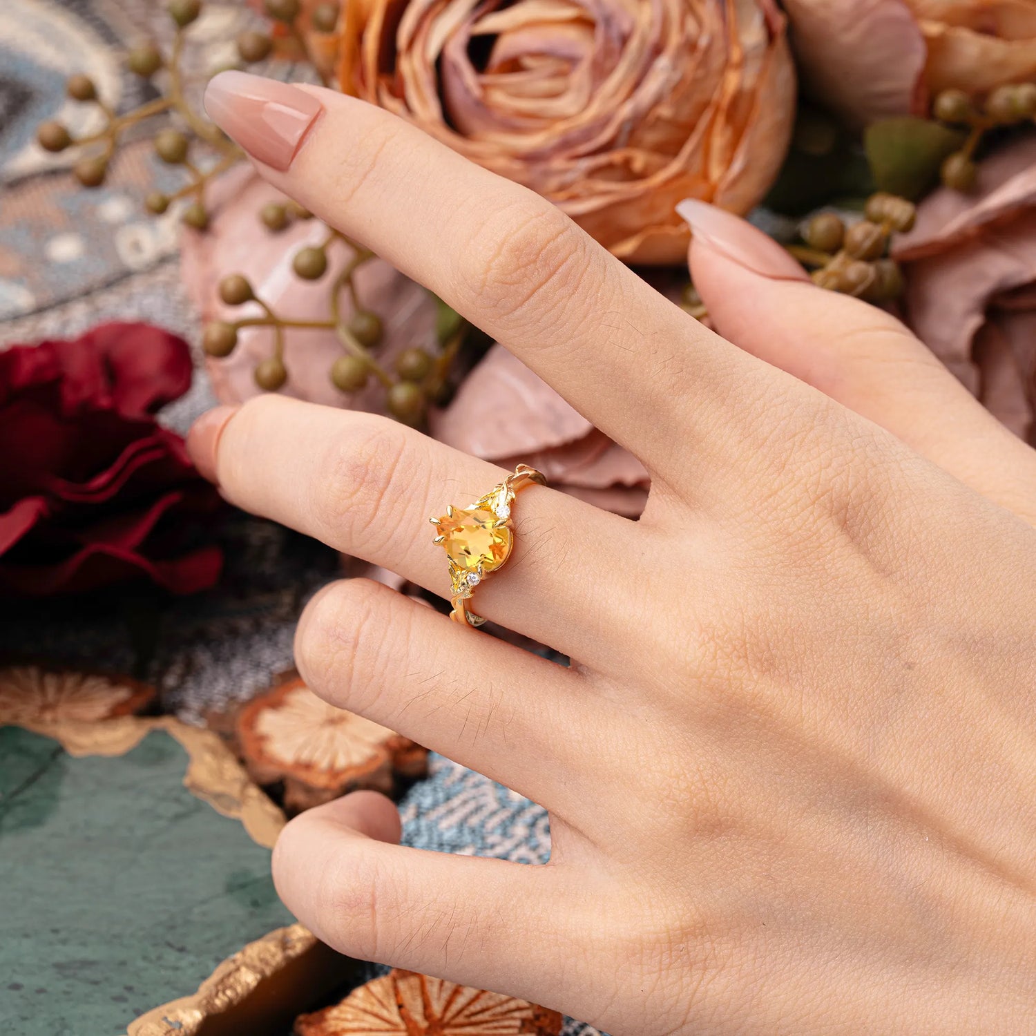 Elegant & Luxurious 5 prong Pear-Cut Natural Citrine Engagement Ring