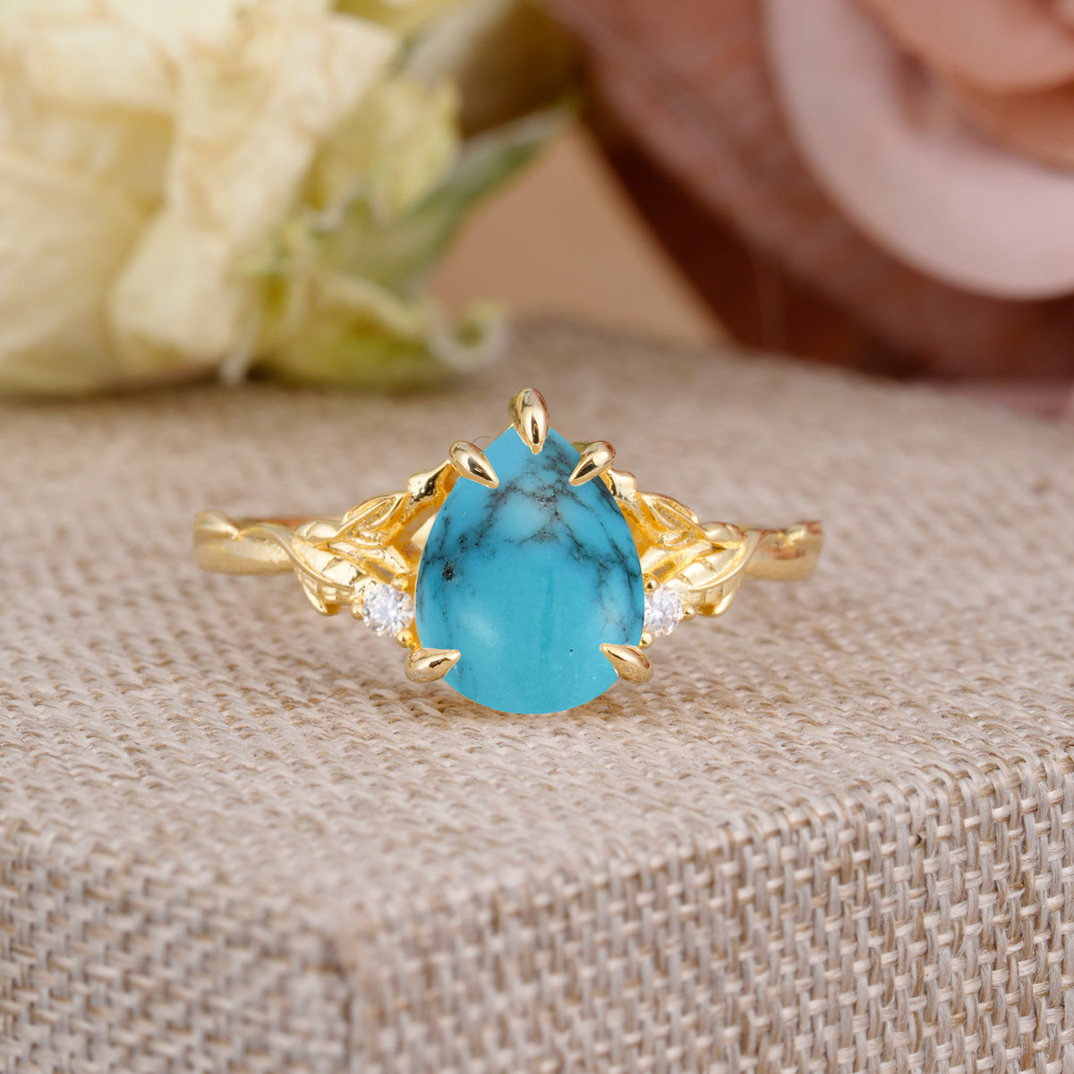Elegant & Luxurious 5 prong Pear-Cut Turquoise Engagement Ring - Additional view