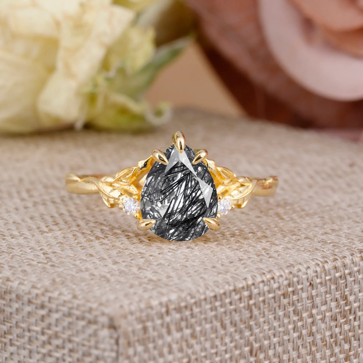Elegant & Luxurious 5 prong Pear-Cut Natural Black Rutilated Quartz Engagement Ring
