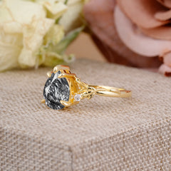 Elegant  Luxurious 5 prong Pear-Cut Natural Black Rutilated Quartz Wedding Band