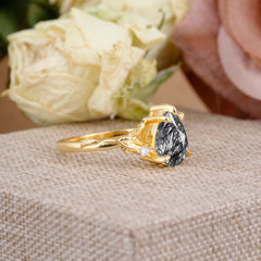 Elegant  Luxurious 5 prong Pear-Cut Natural Black Rutilated Quartz Wedding Band