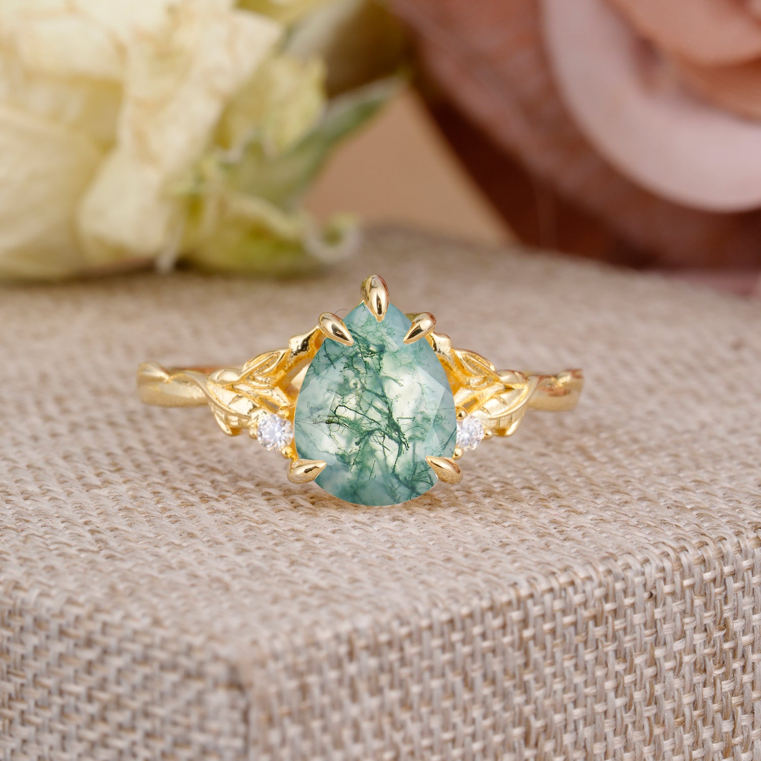 Elegant & Luxurious 5 prong Pear-Cut Natural Moss Agate Engagement Ring