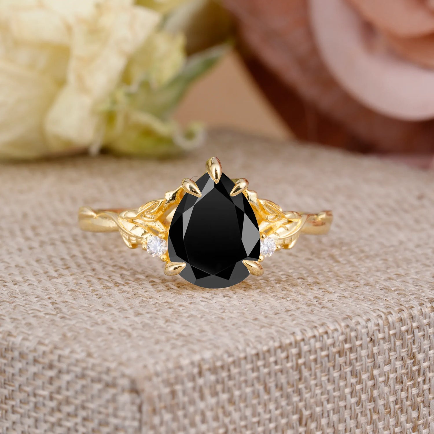 Elegant & Luxurious 5 prong Pear-Cut Natural Black Onyx Engagement Ring