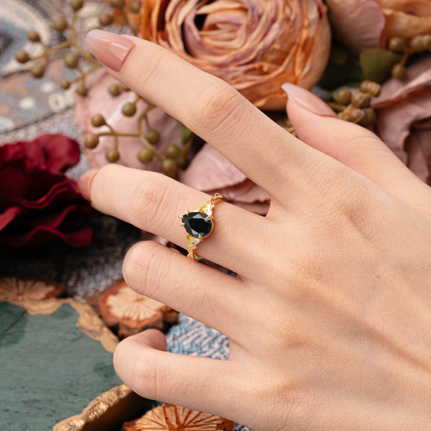 Elegant & Luxurious 5 prong Pear-Cut Natural Black Onyx Engagement Ring