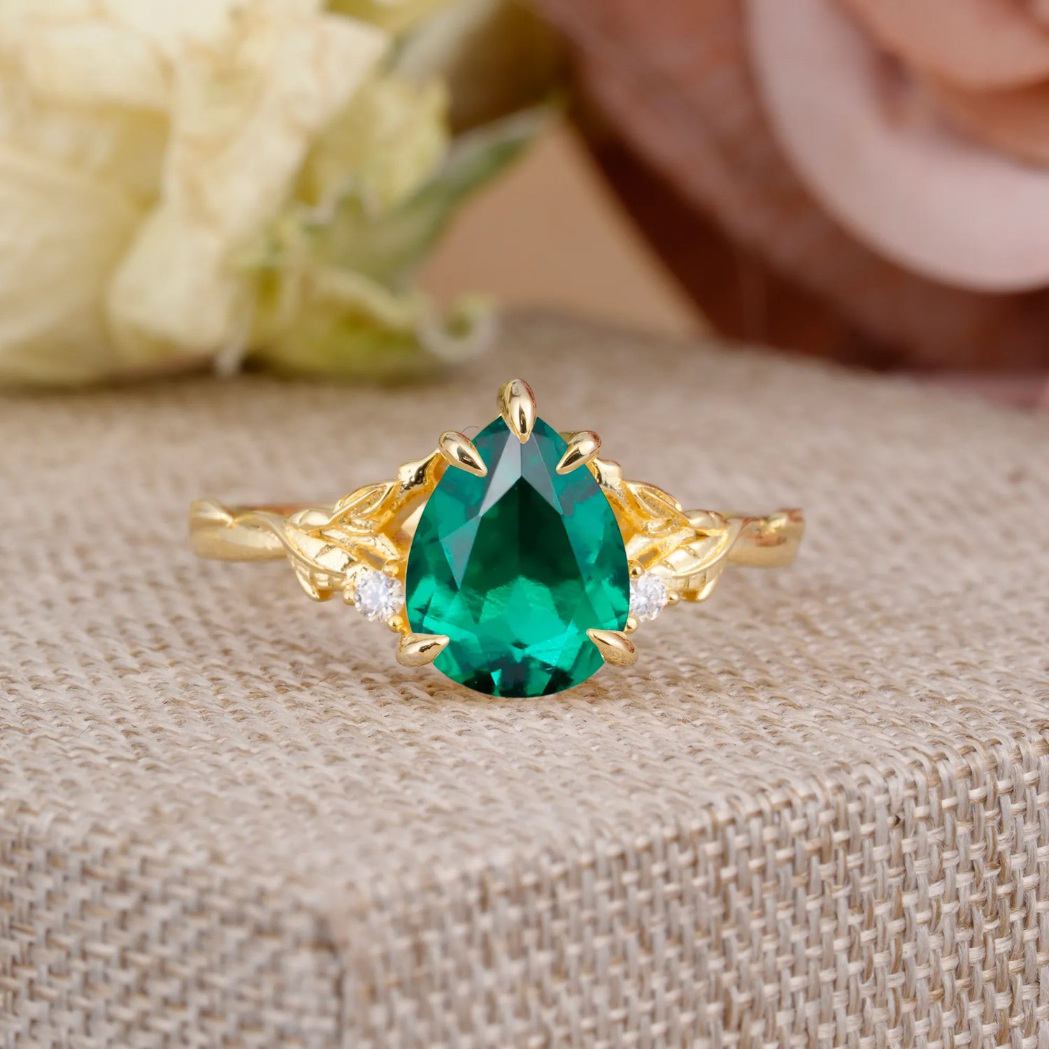 Elegant & Luxurious 5 prong Pear-Cut Emerald Engagement Ring