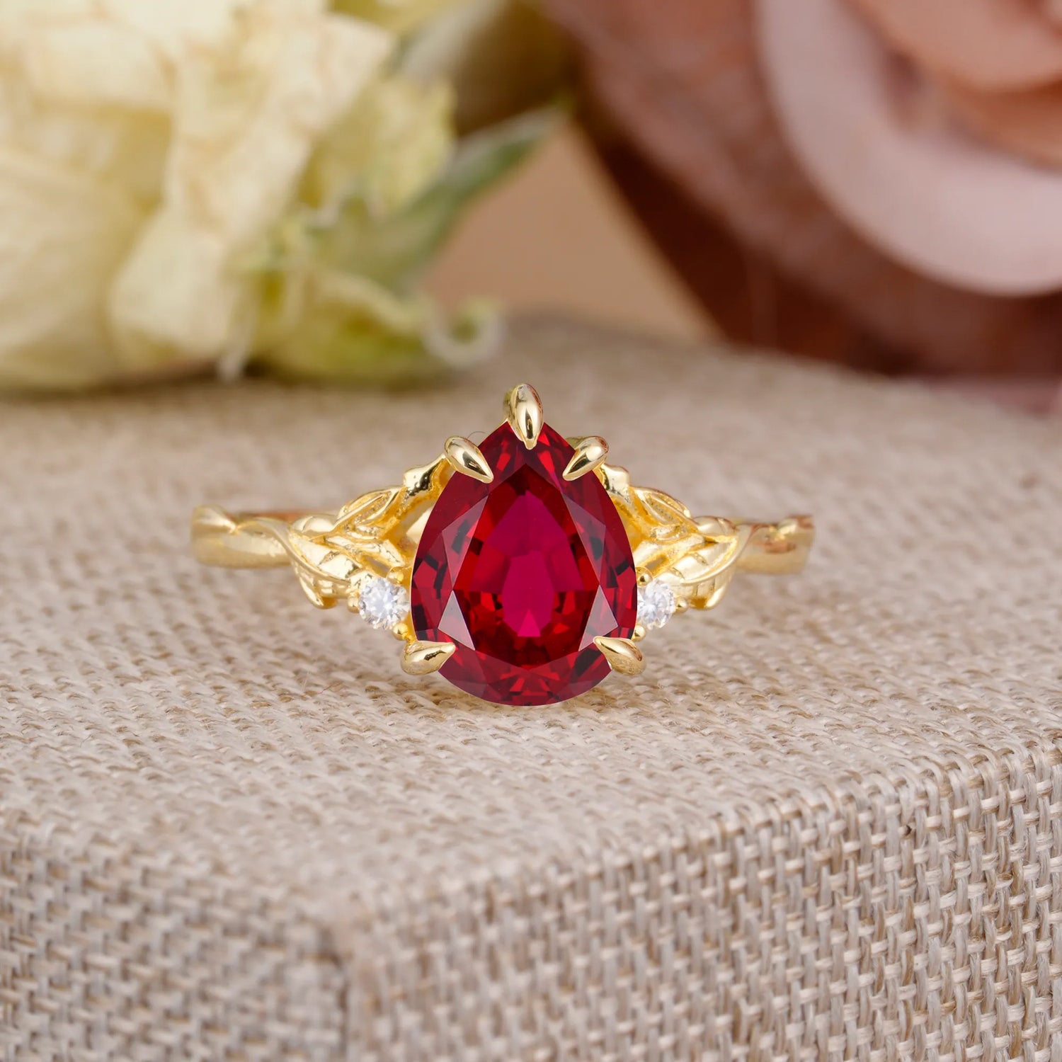 Elegant & Luxurious 5 prong Pear-Cut Ruby Engagement Ring