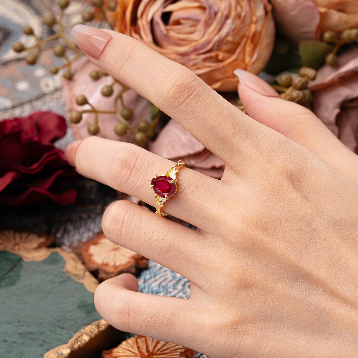 Elegant & Luxurious 5 prong Pear-Cut Ruby Engagement Ring