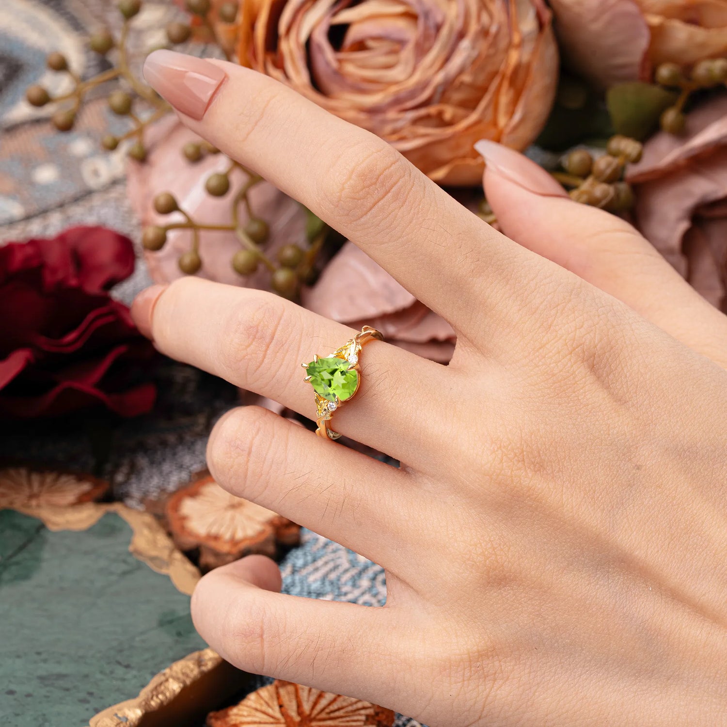 Elegant & Luxurious 5 prong Pear-Cut Natural Peridot Engagement Ring