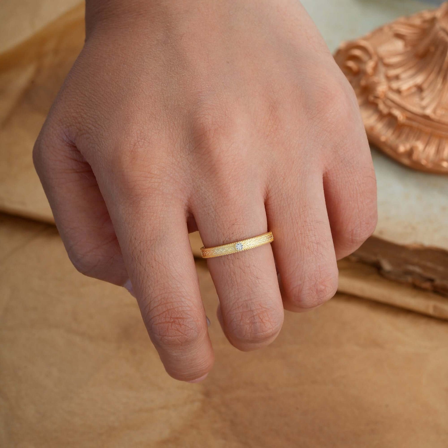 Vintage Engraved Design Round Cut Lab Diamond Mens Wedding Rings