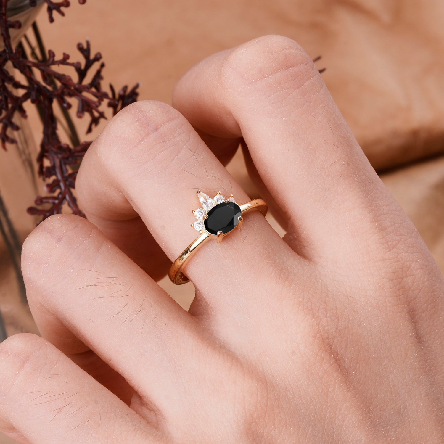 Unique 4 Prong Oval Cut Black Onyx Puppy Paw Engagement Ring