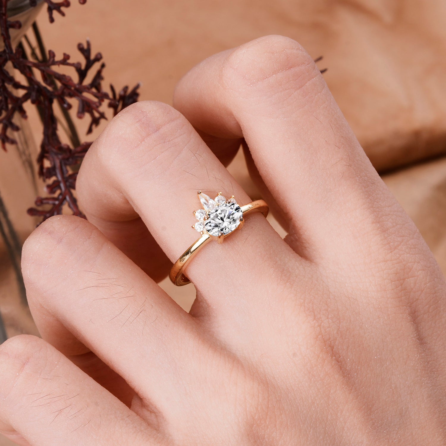 Unique 4 Prong Oval Cut Moss Agate Puppy Paw Engagement Ring