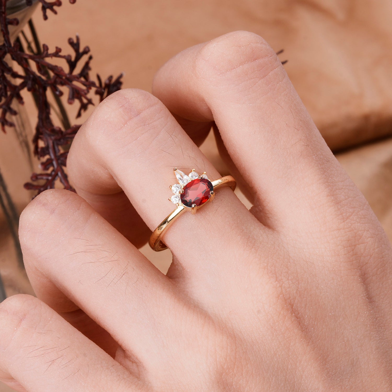 Unique 4 Prong Oval Cut Garnet Puppy Paw Engagement Ring