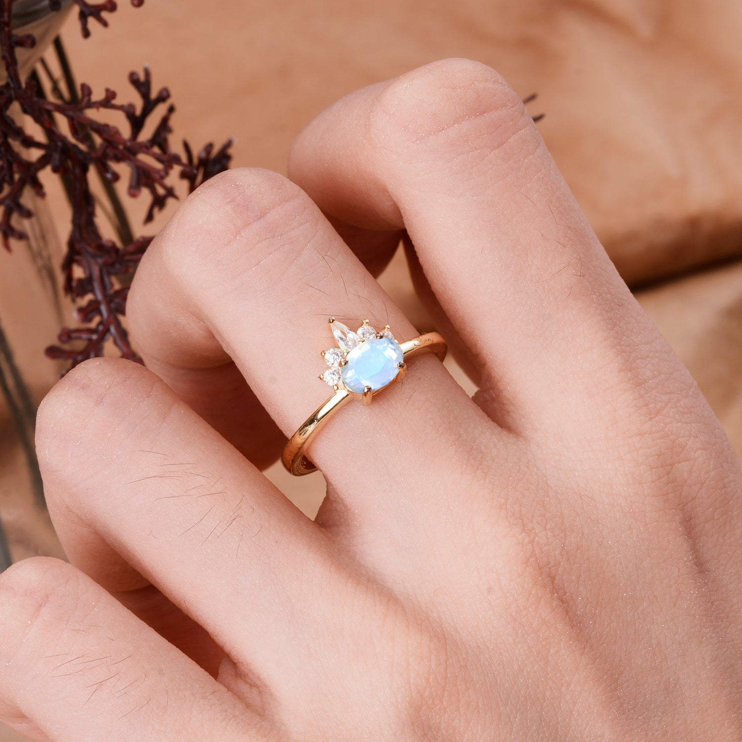 Unique 4 Prong Oval Cut Moonstone Puppy Paw Engagement Ring
