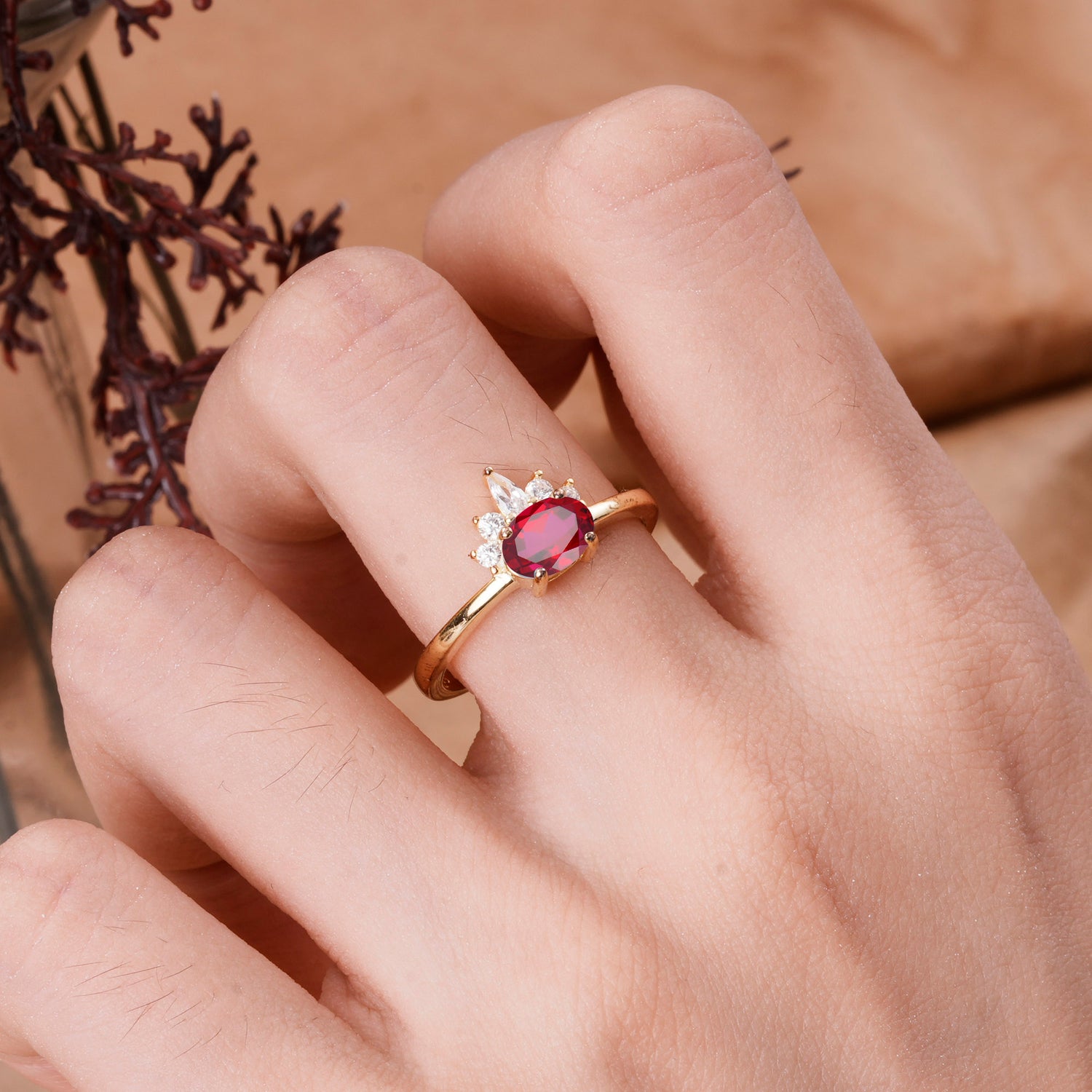 Unique 4 Prong Oval Cut Ruby Puppy Paw Engagement Ring
