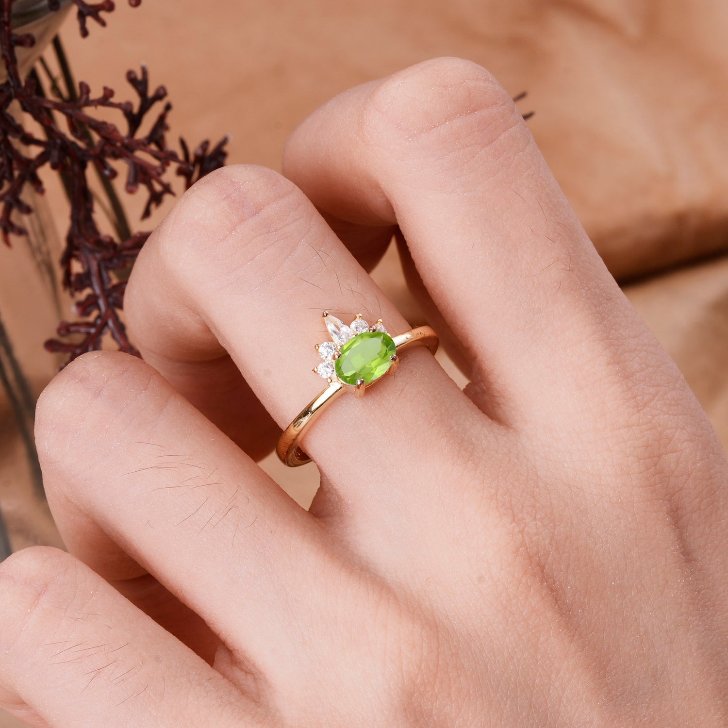 Unique 4 Prong Oval Cut Peridot Puppy Paw Engagement Ring