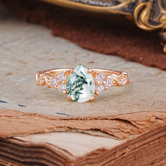 Nature-Inspired Vintage 4-Prong Pear Cut Moss Agate Bridal Ring