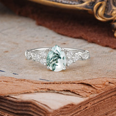 Nature-Inspired Vintage 4-Prong Pear Cut Moss Agate Bridal Ring