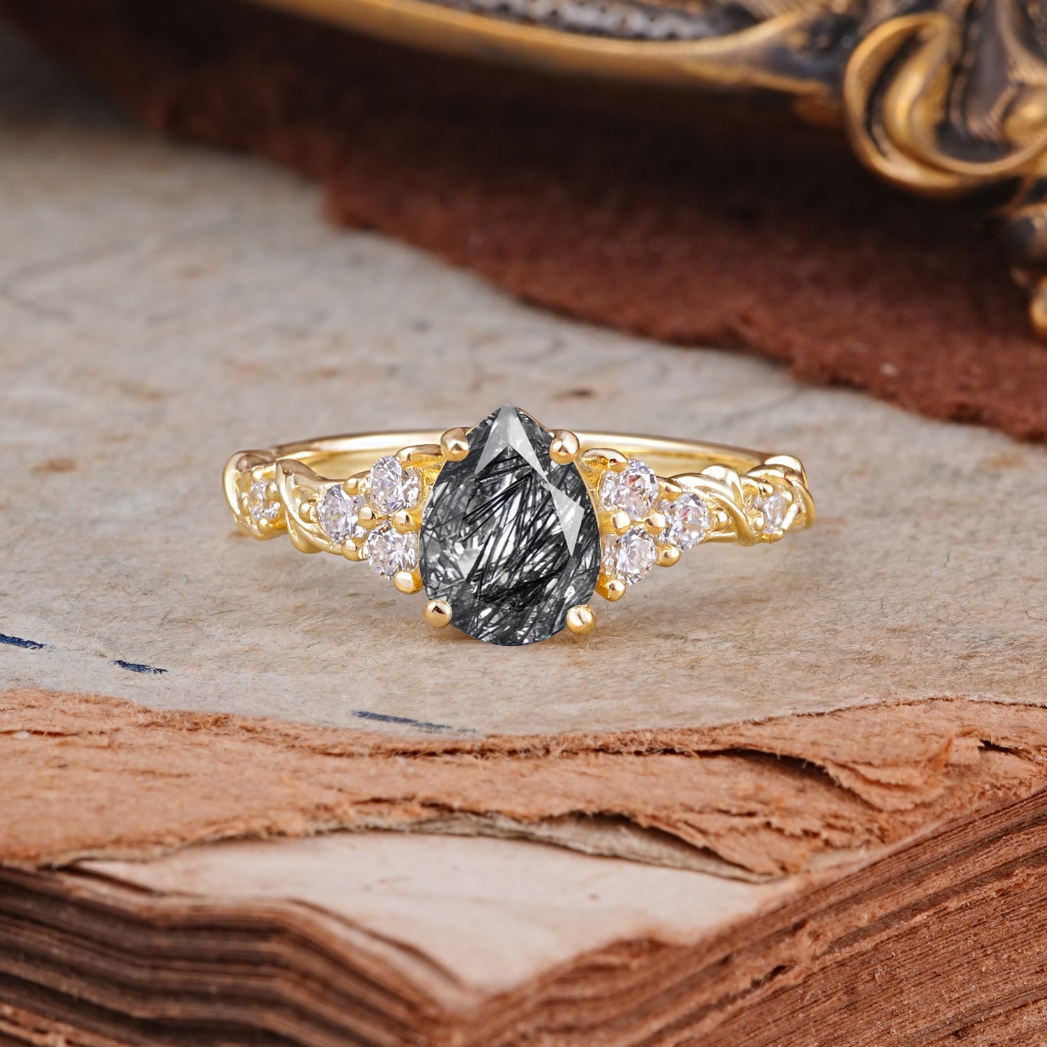Nature-Inspired Vintage 4-Prong Pear Cut Black Rutilated Quartz Ring