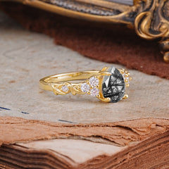 Nature-Inspired Vintage 4-Prong Pear Cut Black Rutilated Quartz Ring
