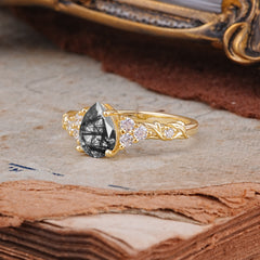 Nature-Inspired Vintage 4-Prong Pear Cut Black Rutilated Quartz Ring