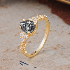 Nature-Inspired Vintage 4-Prong Pear Cut Black Rutilated Quartz Ring