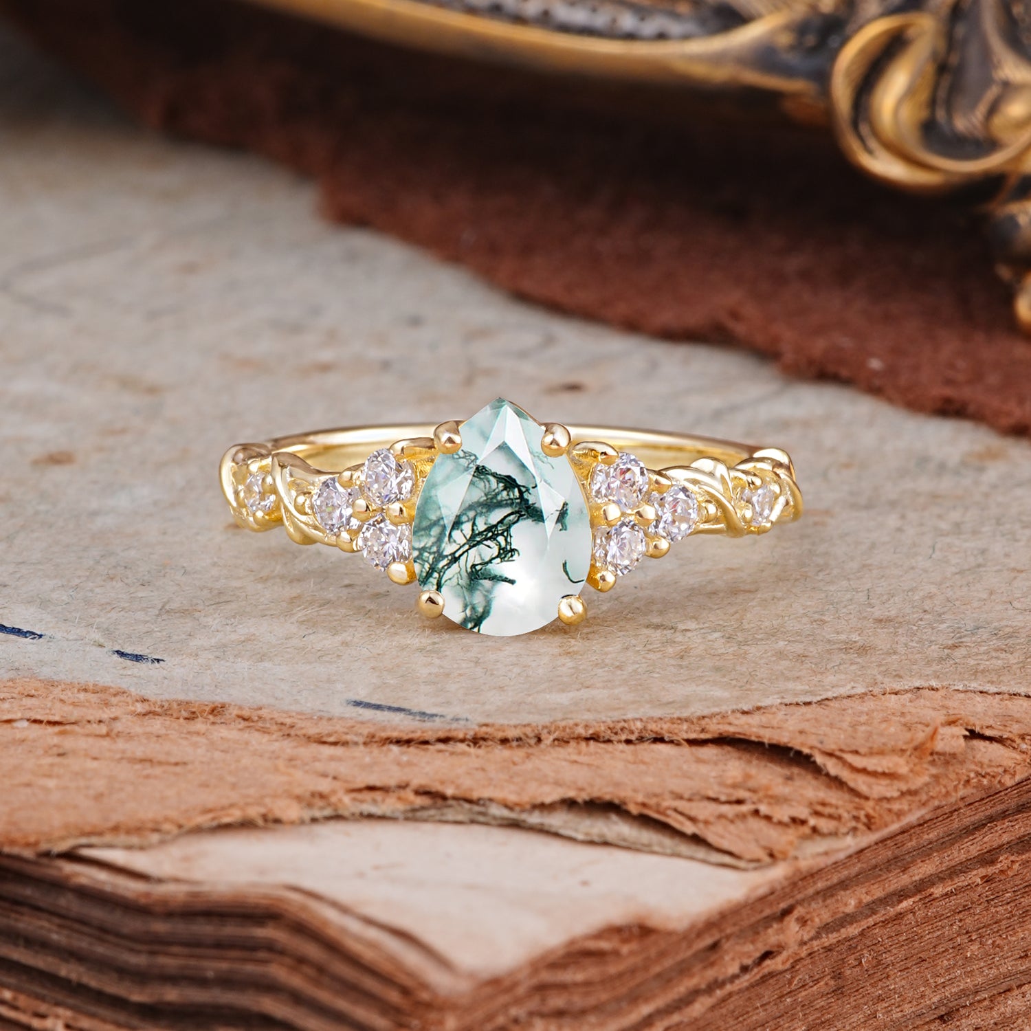 Nature-Inspired Vintage 4-Prong Pear Cut Moss Agate Engagement Ring