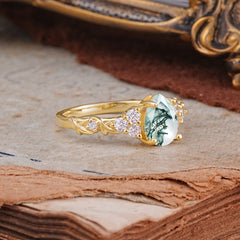 Nature-Inspired Vintage 4-Prong Pear Cut Moss Agate Bridal Ring