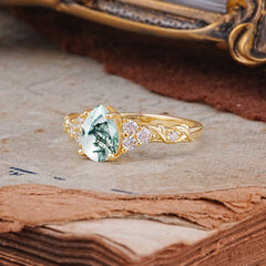 Nature-Inspired Vintage 4-Prong Pear Cut Moss Agate Bridal Ring